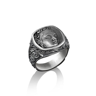 Buddha Signet Pinky Ring For Men in Sterling Silver, Buddhist Hinduism Jewelry, Engraved Mens Rings, Personalized Signet Rings for Women