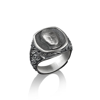 Buddha Head Square Signet Silver Ring for Men, Sterling Silver Pinky Ring for Men, Mythology Ring, Male Ring, Budha Ring, Victorian Men Ring