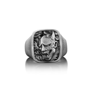 Oni Japanese Art Mens Ring in Silver, Demon Engraved Signet Ring For Men, Hannya Mask Devil Ring For Boyfriend, Fantasy Ring in Gothic Style