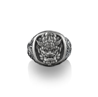 Chinese Guardian Lion Dog, Sterling Silver Square Signet Ring, Mythology Lover Gift, Engraved Mens Rings, Pinky Rings for Women,