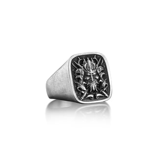 Samurai Warrior Ring for Men in Silver, Japanese Art Engraved Signet Ring, Fantasy Ring in Gothic Style, One Of A Kind Ring For Husband