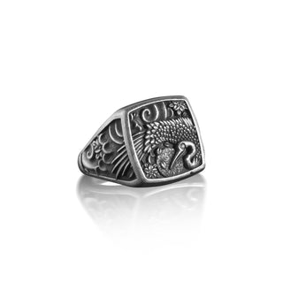 Stork Bird Flower Ornament Ring for Men, Traditional Sterling Silver Egret Ring, Signet Ring for Men, Handmade Pinky Ring, Japanese Ring