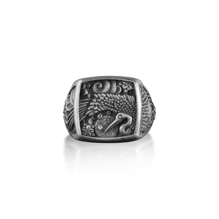 Stork Bird Flower Ornament Ring for Men, Traditional Sterling Silver Egret Ring, Signet Ring for Men, Handmade Pinky Ring, Japanese Ring
