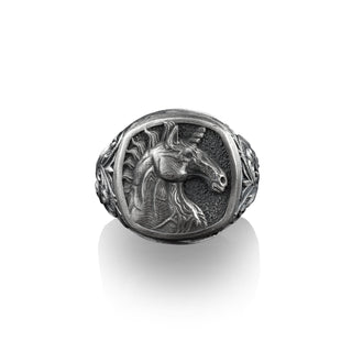 Unicorn Signet Pinky Ring for Men in Sterling Silver, Signet Wedding Ring for Men, Mythology Lover Gift, Victorian Pattern with Unicor Ring