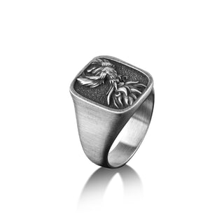 Phoenix Fire Bird Mens Ring in Silver, Square Signet Ring For Men, Fantasy Ring For Best Friend, Mythology Ring For Husband, Cool Male Ring