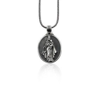 Silver Virgin Mary Mens Necklace, Virgen Del Carmen Pendant, Silver Catholic Pendant, Holy Mother Necklace, Silver Religious Men's Jewelry