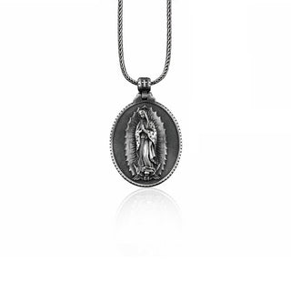 Silver Virgin Mary Guadalupe Men Necklace, Holy Mother Medallion, Our Lady of Guadalupe Necklace, Guadalupe Silver Charm, Catholic Necklace