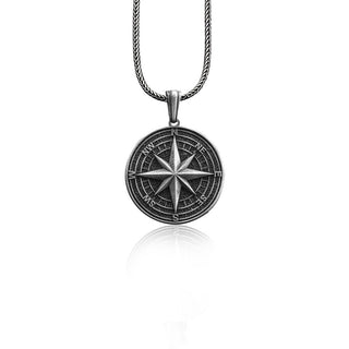 Silver Compass North Star Silver Necklace, Compass Pendant, North Star Charm Pendant, Coin Form Silver Compass North Star Handmade Necklace