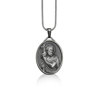 St john the baptist medal necklace in silver, Personalized religious medal necklace for christian, Necklace for catholic