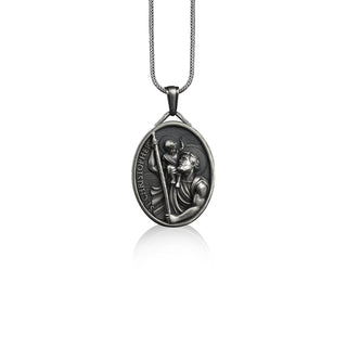 St christopher pendant necklace in silver, Personalized christian necklace for family, Religious necklace for catholic