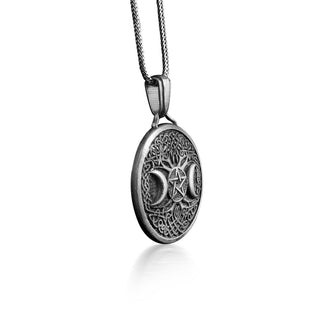 Celtic Moon on Tree of Life Necklace, Pentagram Between Double Moon Necklace in Silver, Celtic Mythology Pendant, Pagan Necklace For Dad