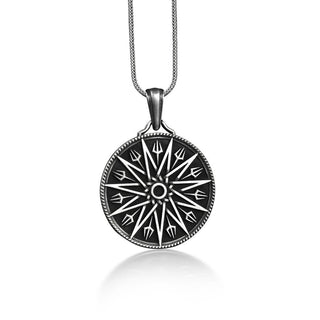 Sun mandala and trident pendant necklace in silver, Spiritual healing necklace for best friend, Greek mythology necklace