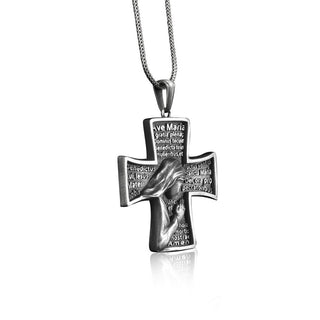 Holy Mary Prayer 925 Silver Necklace, Cross Necklace, Religious Pendant, Unique Christian Jewelry, Handmade Sterling Silver Catholic Pendant