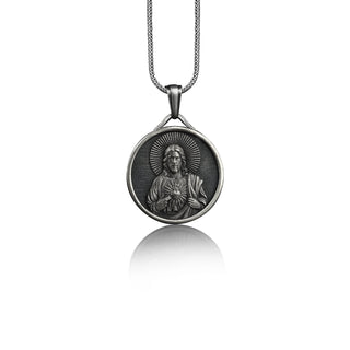 Jesus sacred heart mens pendant necklace in 925 silver, Personalized necklace for christian, Faith necklace for husband