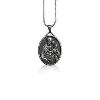 St joseph with jesus personalized silver necklace, Christian necklace for family, Religious medallion necklace for dad