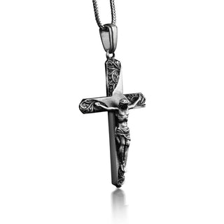 Crucifix cross necklace for men, Sterling silver mens floral cross pendant with Jesus, Christian necklace for boyfriend