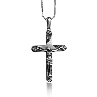 Crucifix cross necklace for men, Sterling silver mens floral cross pendant with Jesus, Christian necklace for boyfriend