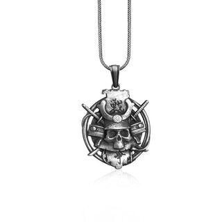 Samurai 3D Mens Necklace, Japanese Samurai Skull Charm, Medieval Necklace, Katana Jewelry, Handmade Sword Pendant, Sterling Silver Necklace