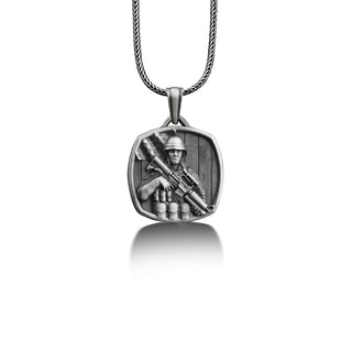 American Soldier Engraved Tag Necklace, 925 Sterling Silver Necklace For Men, Engraved Necklace, M4A1 Machine Gun Necklace, Gift For Him