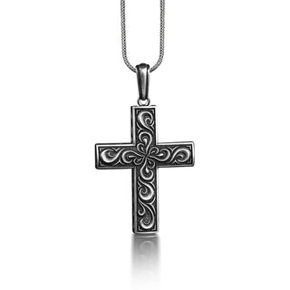 Floral cross necklace in 925 sterling silver, Cross pendant with spiral motifs, Unique Christian necklace for family