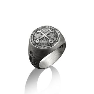 Anchor On Side Compass Signet Ring, Sterling Silver Ocean Jewelry, Compass Jewelry, Anchor Jewelry, Engraved Ring, Best Friend Gift