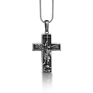 Archangel Michael in Cross Necklace, St Michael Archangel Christian Pendant Necklace For Dad, Faith Cross Necklace, Confirmation Necklace