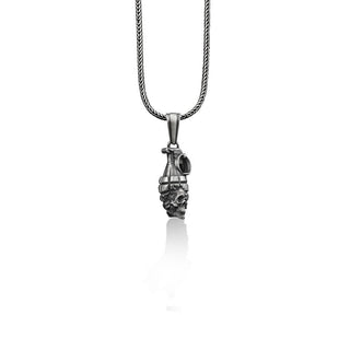 Skull On Grenade Necklace FOr Men in Sterling Silver, Gothic Mens Pendant, Biker Skull Jewelry, Minimalist Necklace, Memorial Men Gift