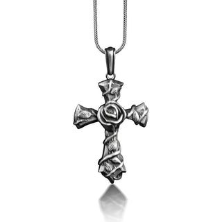 Rose in Cross Pattee Necklace For Men, Oxidized Floral Cross Necklace in Sterling Silver, Medieval Christian Cross Pendant For Boyfriend