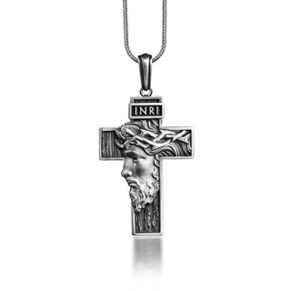 King of The Jews Jesus Necklace, Jesus in Cross INRI Necklace For Christian, Oxidized Faith Necklace in Sterling Silver, Religious Necklace