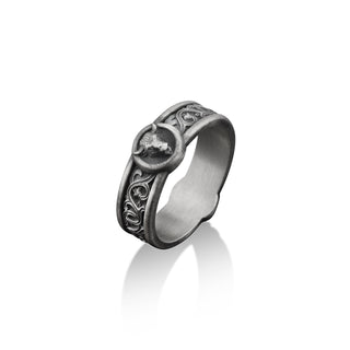 Taurus Bull with Lily Motifs Handmade Sterling Silver Men Band Ring, Ram Wedding Ring, Stackable Biker Ring, Animal Ring, Zodiac Sign Ring