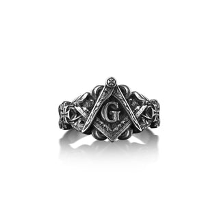 Freemason Symbol Mens Ring in Silver, Masonic Ring with Floral and Cross Motifs, Oxidized Mason Ring For Dad, Cool Husband Ring Gift