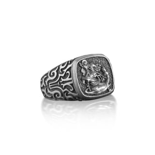 Silver St. Michael Ring with Ornaments with DahliaVictorious, Saint Michael The Archangel Silver Ring, Catholic Gift, Religious Ring