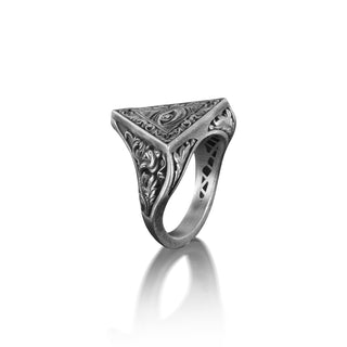 Eye of Providence Ring for Men, Sterling Silver Illuminati Symbol Floral Ring, Handmade Jewelry for Men, Secret Society, Oxidized Gift Ring