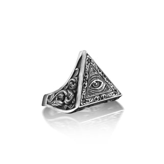 Eye of Providence Ring for Men, Sterling Silver Illuminati Symbol Floral Ring, Handmade Jewelry for Men, Secret Society, Oxidized Gift Ring