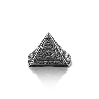 Eye of Providence Ring for Men, Sterling Silver Illuminati Symbol Floral Ring, Handmade Jewelry for Men, Secret Society, Oxidized Gift Ring