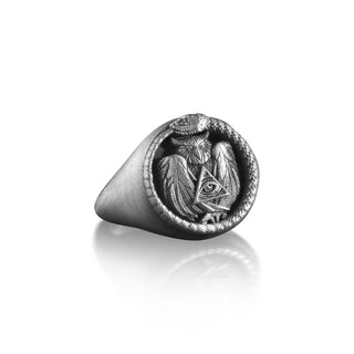 Snake Ouroboros Owl Eye Of Providence Men Ring, Freemasonry Sign, Mens Silver Ring, Engraved Signet Ring For Men, Oxidized Ring For Husband