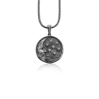 Handmade Crescent Moon Necklace with Star Silver Necklace, Engraved Moon with Star Coin Necklace, Sky with Moon and Stars Silver Necklace