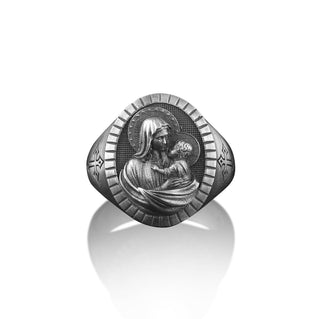 Mary with Child Mens Signet Ring for Men in Sterling Silver, Holy Mother Minimalist Ring, Family Ring, Christian Men Gift, Man Ring