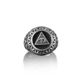 Eye of God Pyramid Signet Ring for Men in Sterling Sİlver, Elegant Pattern Triangle Eye Men's Ring, All Seeing Eye Ring,Punk Ring Men Gift