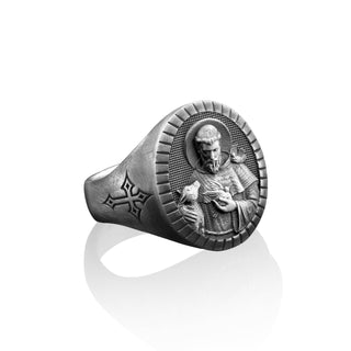 Saint Francis Oxidized Signet Ring for Men, Christian Religious Sterling Silver Jewelry, Silver Catholic Gift Rings, Husband Gift Rings