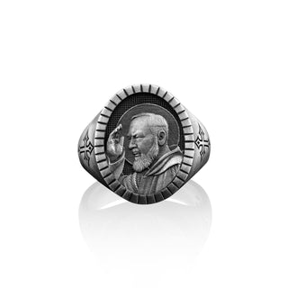Handmade Sterling Silver Padre Pio Signet Ring For Men, Catholic Gift Jewelry,Protection Ring, Family Ring, Christian Gift, Gift For Her Him