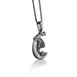 Dragon Sleeping in Crescent Necklace, Dragon and Moon Unusual Necklace in Silver, Fantasy Necklace For Best Friend, Celestial Necklace