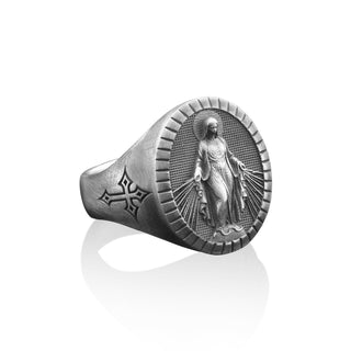 Handmade Virgin Mary Miraculous Signet Ring for Mens,  Holy Mother Sterling Silver Ring, Family Ring, Christian Men Gift, Gift For Men