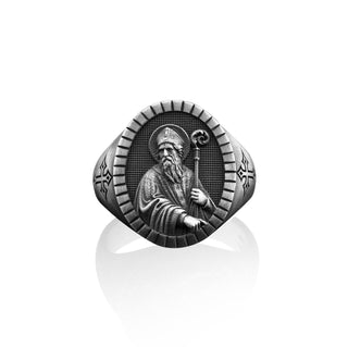 Oxidized Silver Saint Patrick Signet Ring for Men, Sterling Silver Religious Men's Rings, Protection Ring, Family Ring, Christian Men Gift