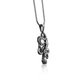 Snake Smashes Skull Face Silver Pendant, Skull Snake Necklace, Oxidized Sterling Silver Pendant, Biker Jewelry, Gothic Charm for Him Her
