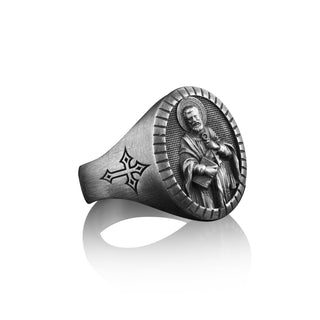 Oxidized Sterling Silver Saint Peter Signet Ring for Ring, Religious Man Rings, Family Ring, Christian Gift, Gift For Men, Religious Jewelry