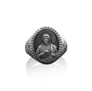 Sterling Silver Jesus with Sacred Heart Signet Rings For Men, Oxidized Silver Savior Jesus Ring, Protection Ring, Christian Men Gift Jewelry