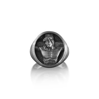 Engraved Crucifixion of Jesus Ring, Jesus Christ with Cross Oxidized Silver Ring, Christian Statement Ring, Religious Ring, Messiah Men Ring