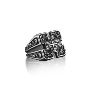 Square Cross Sterling Silver Ring for Men, Maltese Cross Floral Signet Ring, Catholic Ring, Maltese Symbol Religious Ring, Christian Ring
