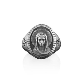 Sterling Silver Handmade Virgin Mary Ring for Mens, Oxidized Silver Christian Jewelry, Family Ring, Christian Men Gift, Gift For Men